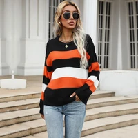 2021 black oranges striped patchwork women sweater casual o neck knitted ladies autumn winter long sleeve pullovers sweater