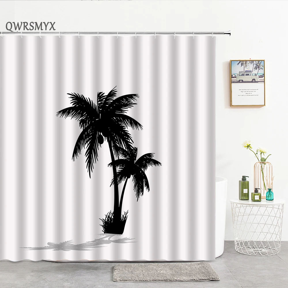 

Hand Drawn Black Palm Tree Pattern Shower Curtains Fabric Hook Plant Bath Curtain Home Decor Hanging Cloth Bathroom Products