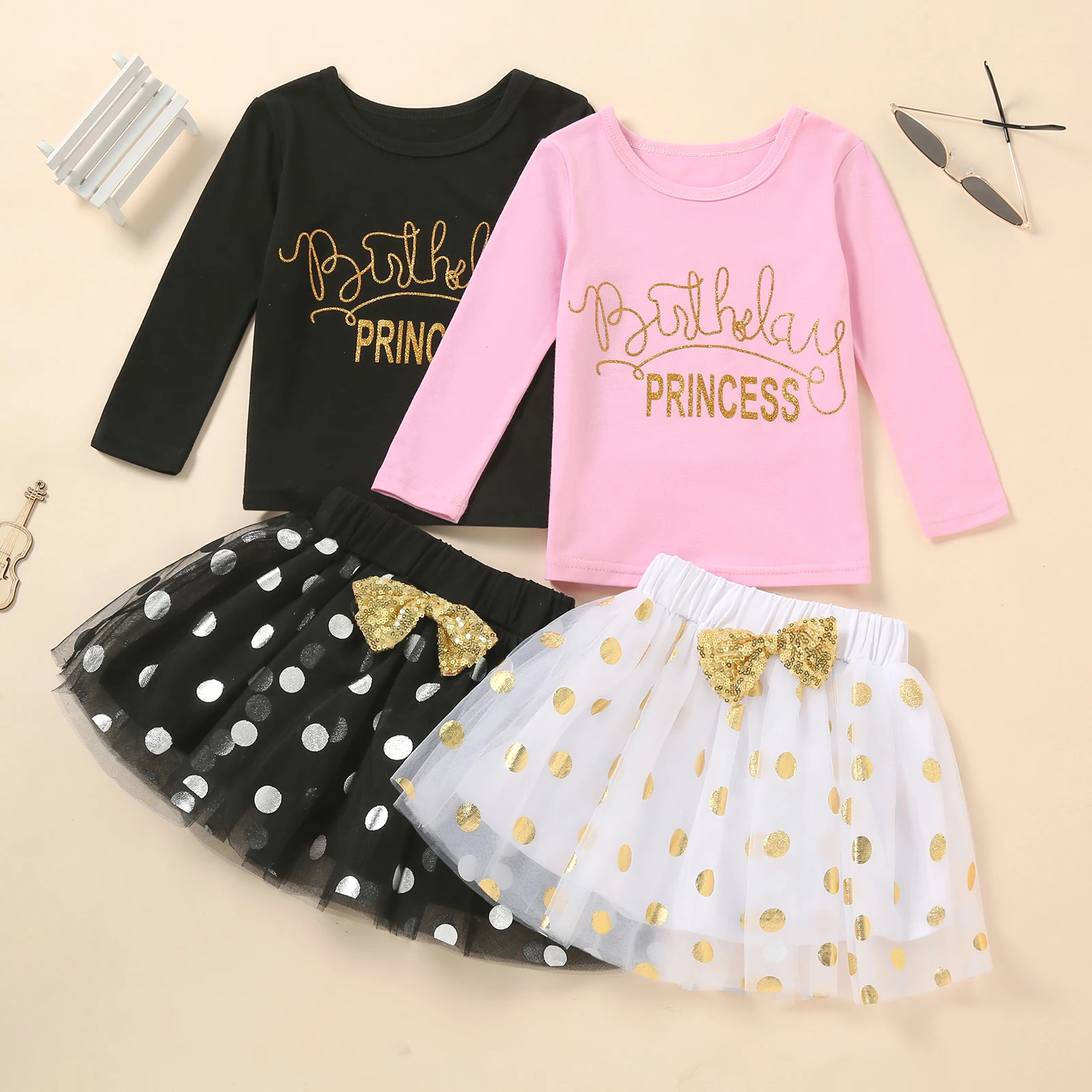 Children Baby Girls Clothing Princess Skirts Suits Long-sleeve Letter Print Round Neck Tops Elastic Waistband Dots Puffy Skirts