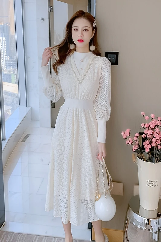 

COIGARSAM Full Sleeve Women dress New Lace High Waist Dresses Rice White 8029