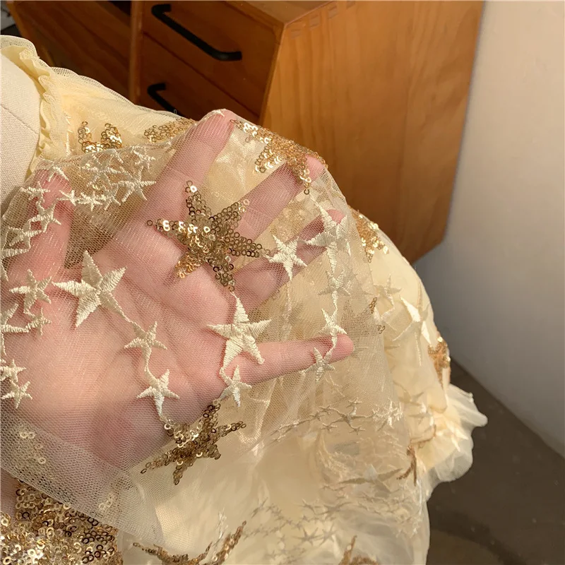 Spring fashion girls five-pointed star embroidery paillette princess dress 2020 kids mesh party dresses | Детская одежда и обувь