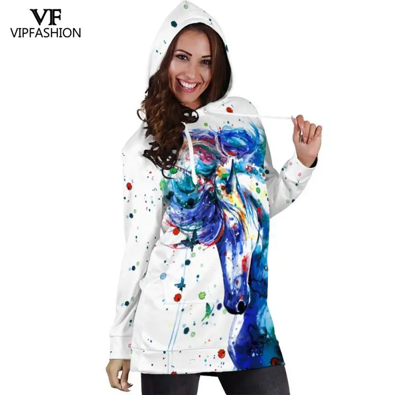 VIP модное осенне-зимнее платье с капюшоном принтом единорога длинным рукавом
