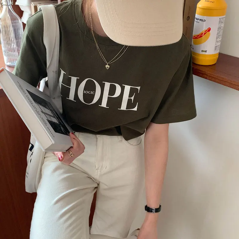 

Letter Print Short-Sleeve Casual T-shirt for Women Ins Trendy Versatile Summer 2021 New Slimming Loose Korean Style