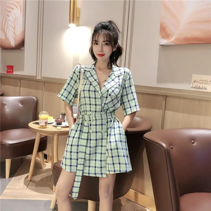 Женский клетчатый однобортный костюм зеленые белые розовые комбинезоны с