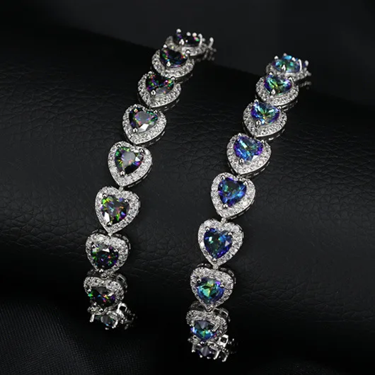

Wong Rain Bohemian 925 Sterling Silver Love Heart Mystic Rainbow Topaz Gemstone Bangle Charm Bracelets Fine Jewelry Wholesale