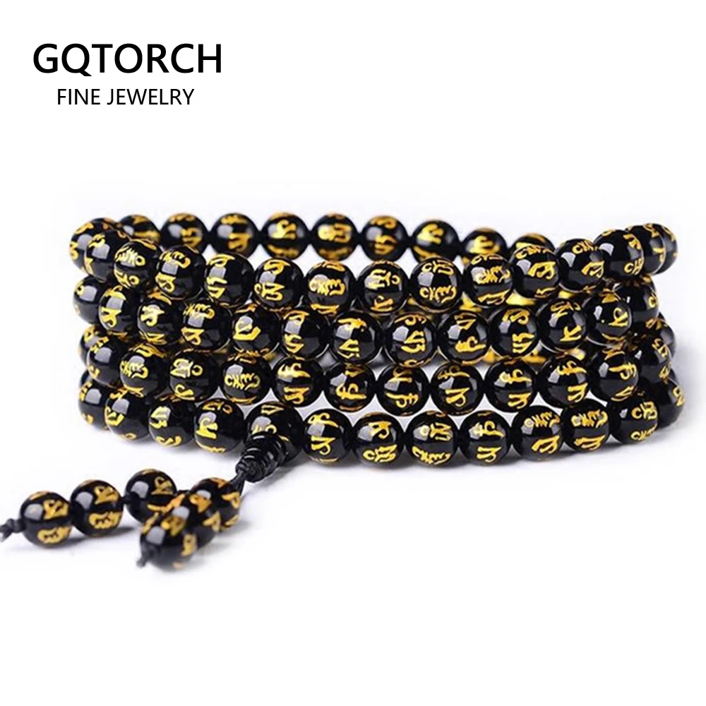 Браслет из натурального красного и черного оникса с бусинами 108 позолоченный