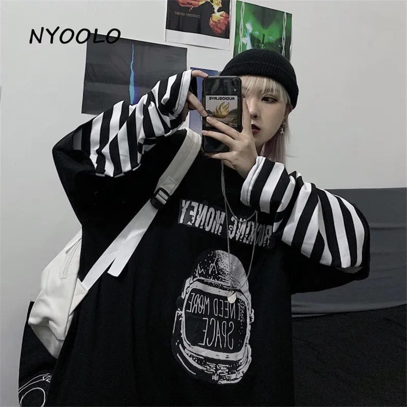 NYOOLO Autumn Vintage Pattern letters Printed fake 2 Pieces tee shirt Harajuku Style Loose Long Sleeve T-Shirt women men Top | Женская