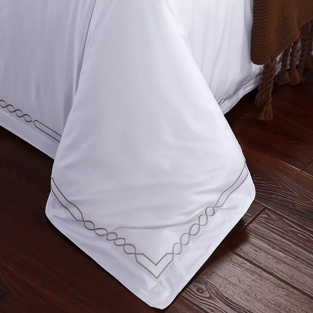 

White 100%Cotton 400 Thread Count Satin Hotel Bedding Set Quilt King Embroidery Duvet Cover Bed Linen Flat Sheet Pillow Case