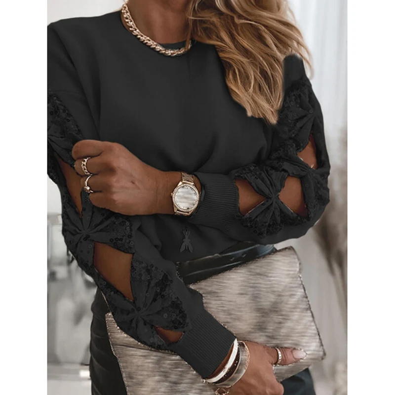

Women Sequin Pullover Spring Elegant Solid O-Neck Female Knitted Pullover Sexy Lace Bow Hollow Long Sleeve Lady Pullover