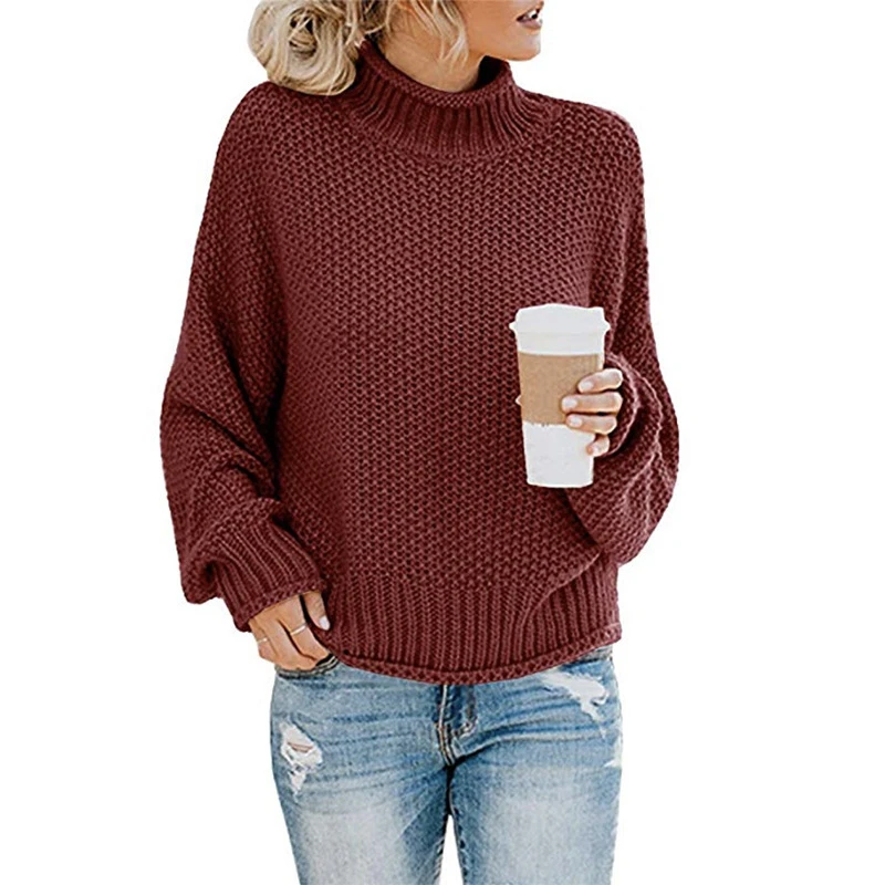 

Autumn winter thick line hedging knitting twist loose Lantern sleeve high collar sweater pullover long sleeve women sweaters