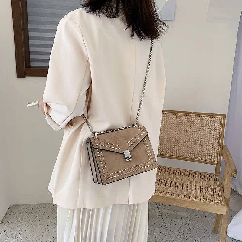 

Scrub Leather Brand Designer Shoulder Simple Bags For Women 2021 Chain Rivet Luxury Crossbody Bag Female Fashion Small Handbags