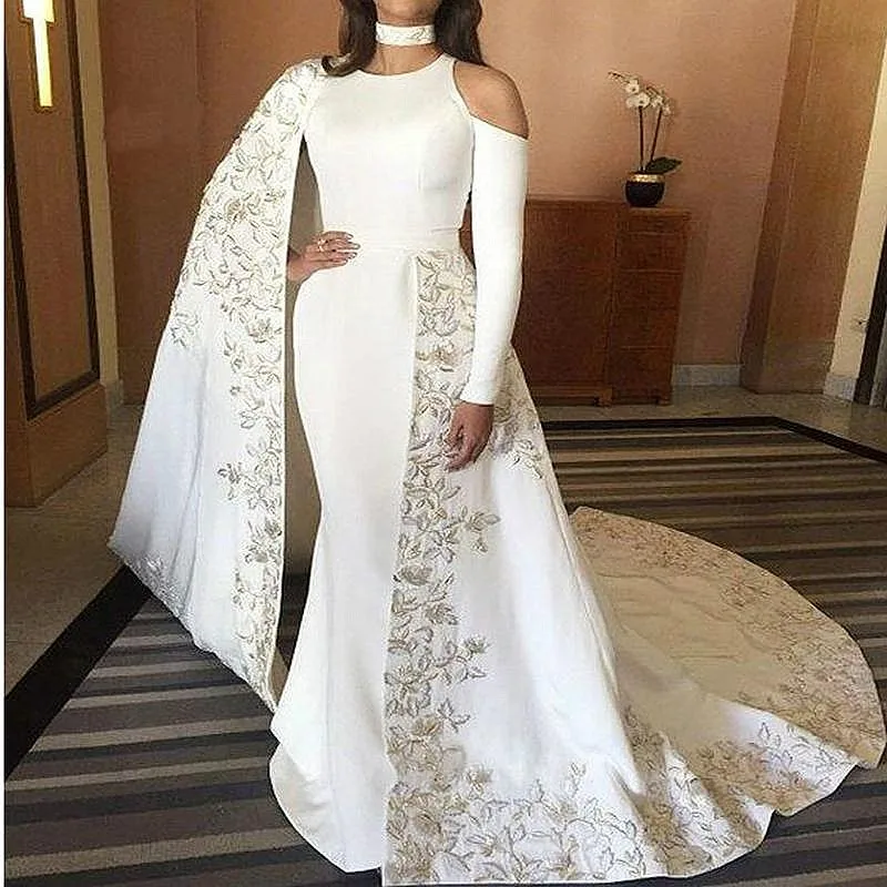 

Arabic Kaftan Evening Dresses White Mermaid Prom Party Dress Indian Abaya Morrocan Dress WIth Lace Appliques Sleeves فساتين السه