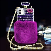 bling kiss diamond fluffy fur perfume bottle leather chain case cover for samsung galaxy note 20 10 9 8 s20 ultra s10e98 plus