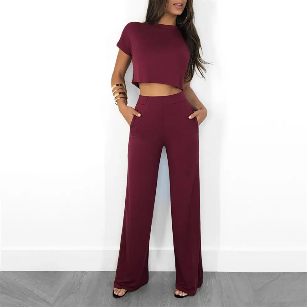 

Crop Top And Pants Set Women Elegant O-Neck Short Sleeve Solid Blouse High Waist Wide Leg Long Pants