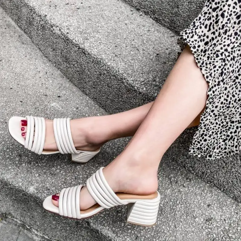 

Rizabina High Heel Sandals Genuine Leather Summer Lady Shoes Square Heel Shoes Beach Casual Women Shoes Slippers Size 34-43