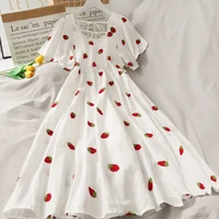 cherry dress strawberry kawaii puff sleeve dress women vintage white square neck beach dresses 2021 korean clothes