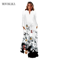movokaka 2022 white autumn dress beach casual long sleeve elegant homewear 3d flower printed dresses woman zipper womens dress