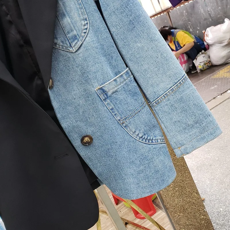 

Women Casual Blazer Patchwork Denim Suit Jacket Spring Loose Fit Single Button Ladies Outerwear Safari Style Cargo Blazers Tops