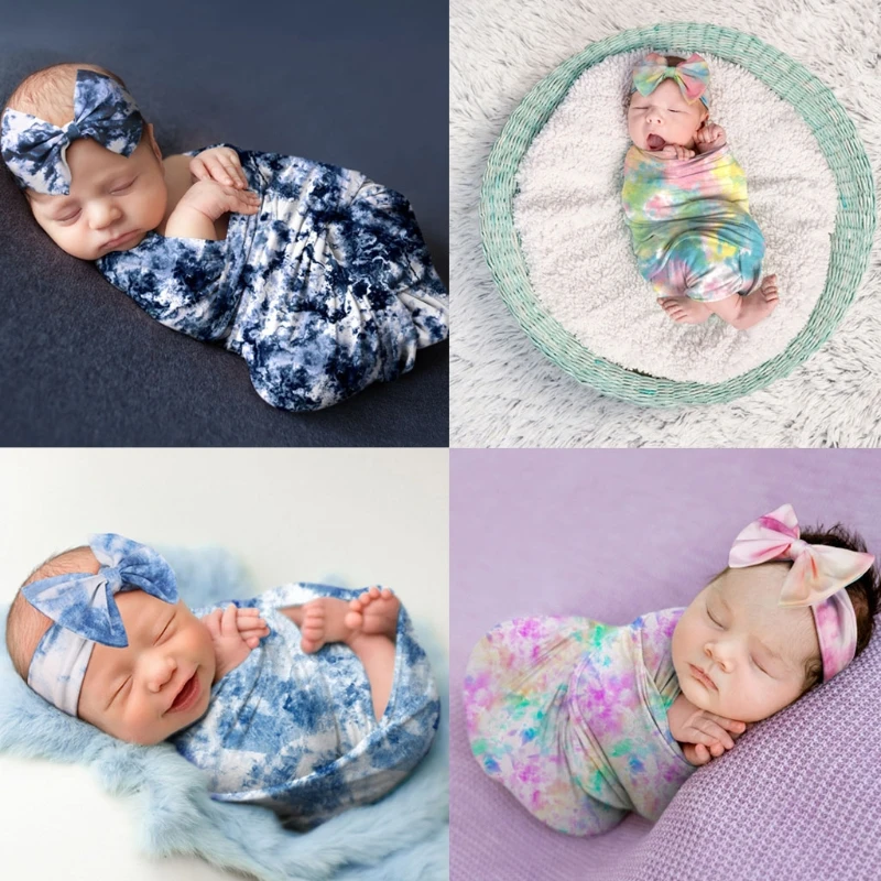 

2 Pcs Baby Gradient Printed Receiving Blanket Headband Set Swaddle Wrap Hair Band Headwrap Newborn Photography Props popular