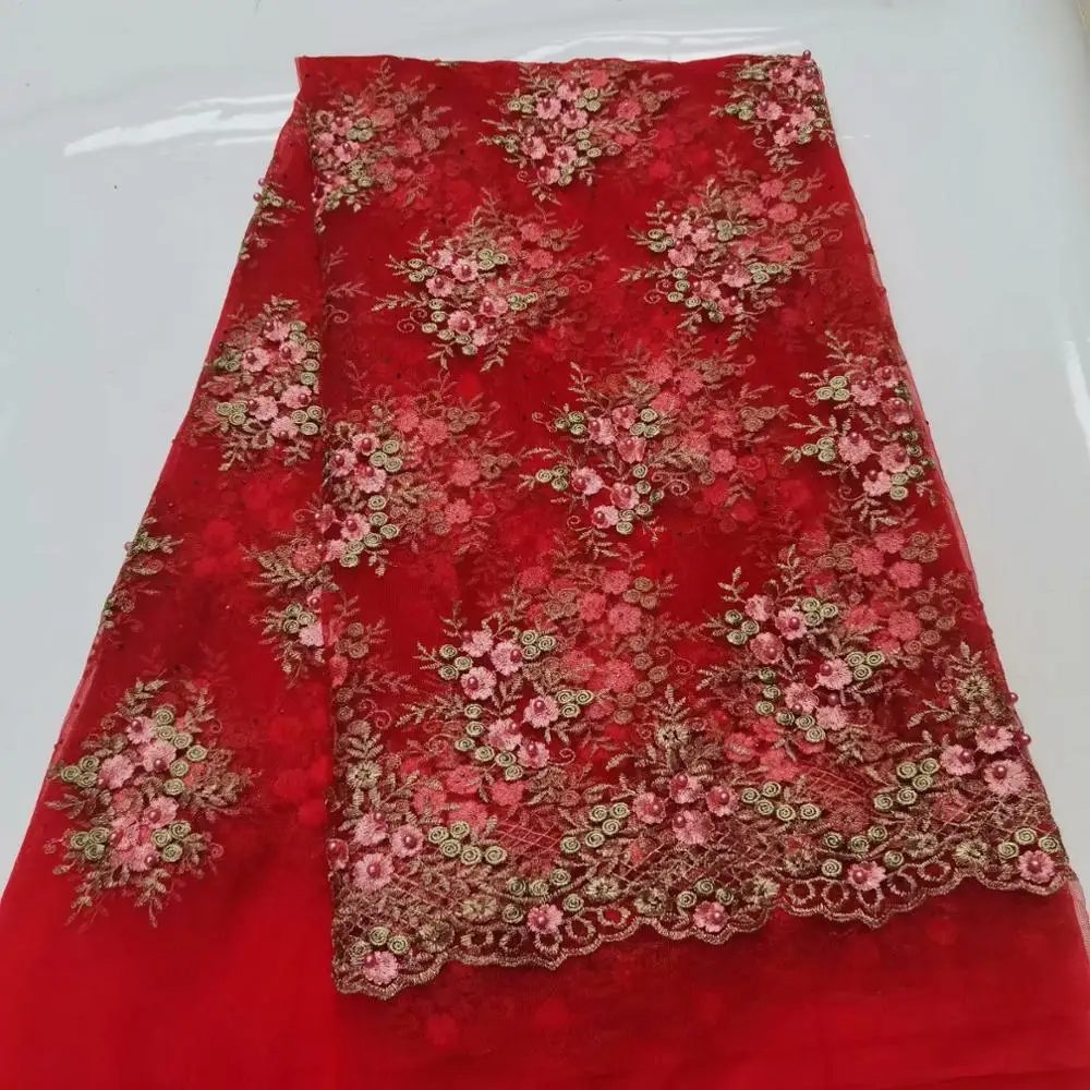 

African Beaded Lace Fabric 2020 High Quality Lace Material red French Lace Fabric Nigerian Tulle Mesh Lace Fabrics FW1020