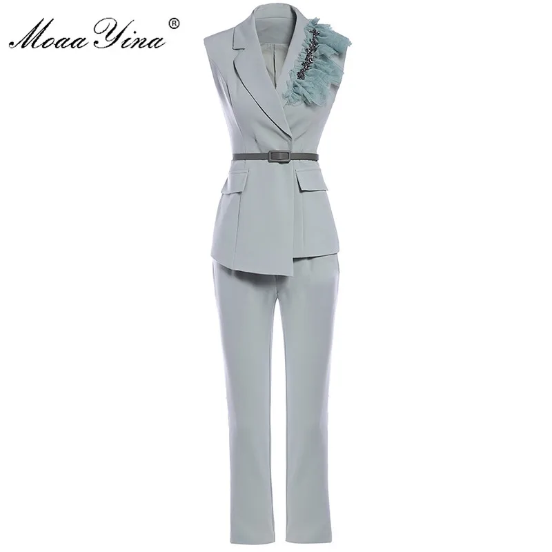 MoaaYina Fashion Designer Suit Spring Autumn Women Crystal Suit Tops+3/4 pants Two-piece set