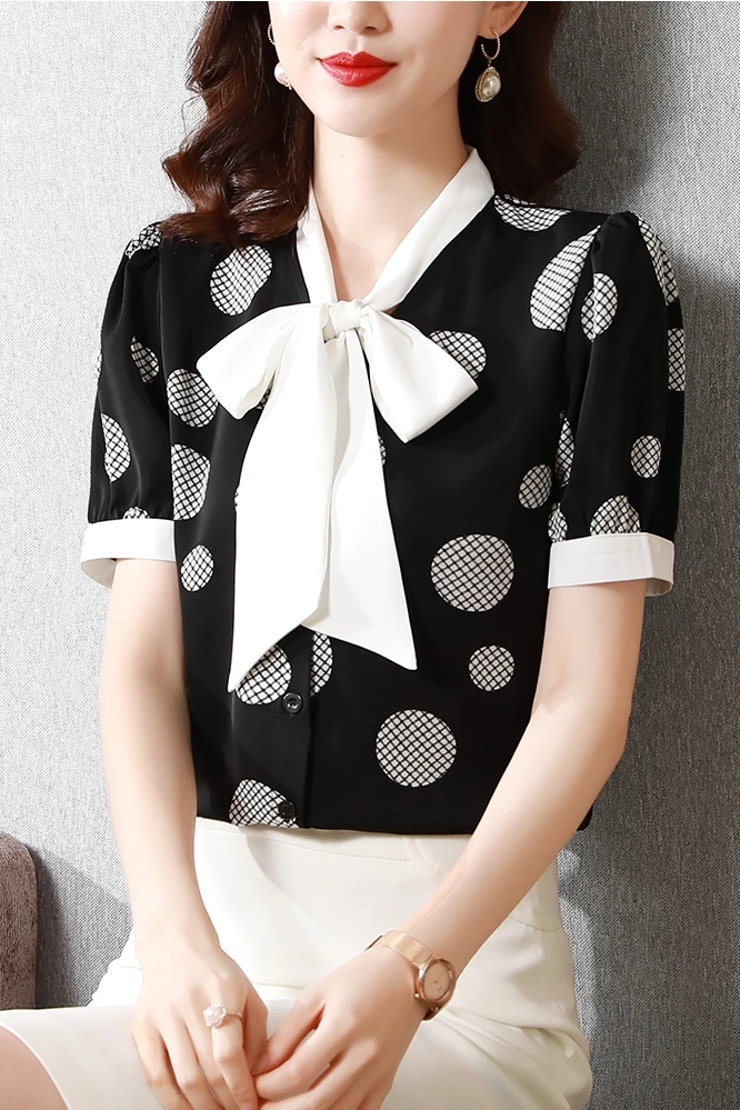 

Houthion Chiffon Slim Women's Blouses New Casual Blouse Fashion Short Sleeve Top Polka Dot Bow Tie Buttons Shirt Summer