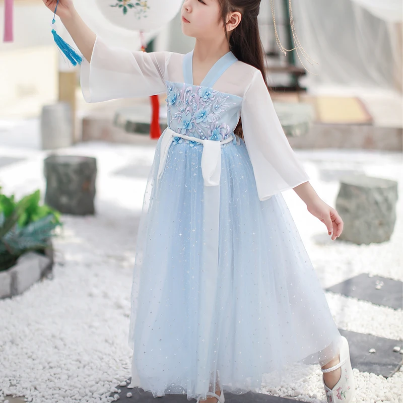 

Girls Dress 4-12 Kids Chinese Style Hanfu Party Frock Chinese New Year Princess Summer Girls Dress Children's National Dress