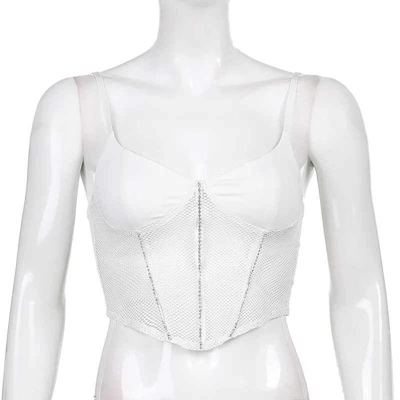 

Ladies Camisole Crop Top Summer White Sexy Sleeveless Tank Tops Halter Leisure Diamond Stitching Solid Color Women Fashion
