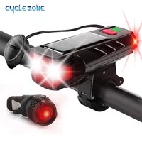 solar powered bike light usb rechargeable front lamp with 120db horn bell 5 modes waterproof bicycle headlight and taillights