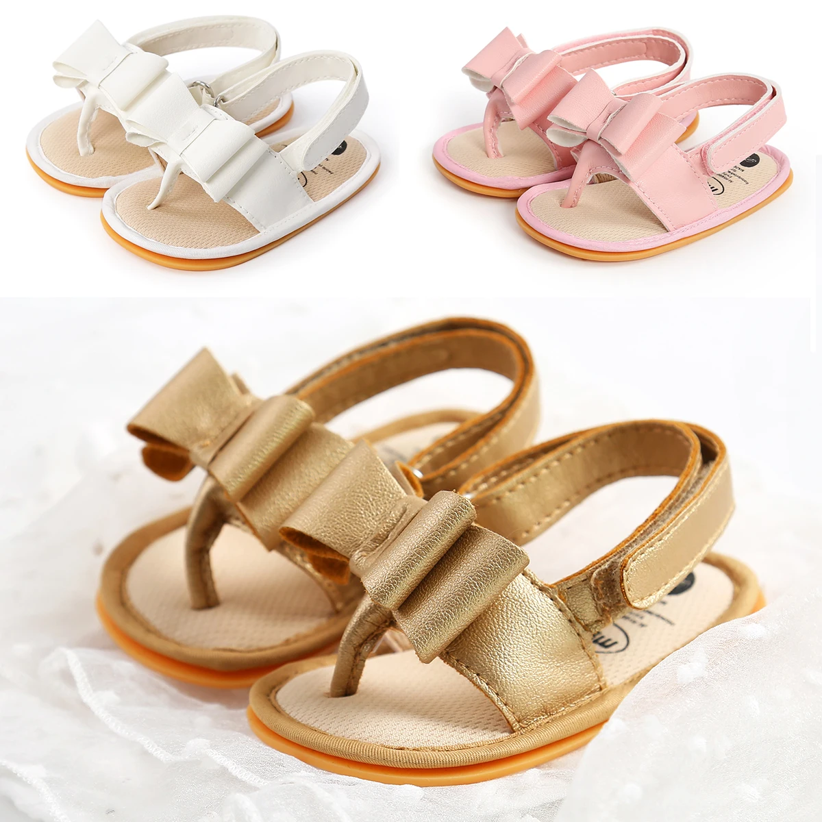 

0-18M 2021 Baby Girls Kid Soft Sole Flat Slingback T Strap Summer Butterfly-knot Casual children's Striped Sandals Infant PU