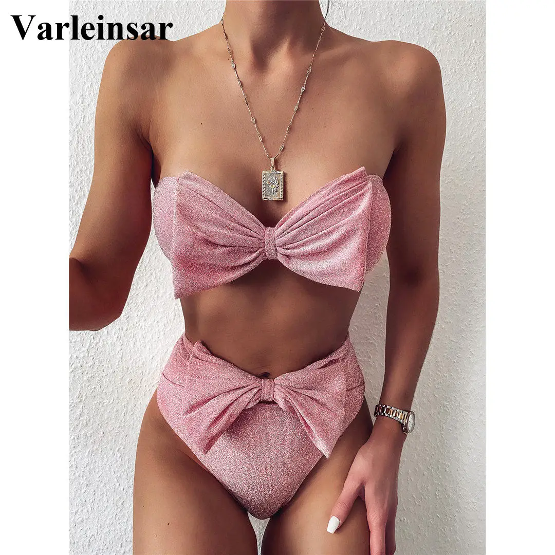 

Bow Strapless High Waist Bikini 2020 Female Swimsuit Women Swimwear Two-pieces Bikini set Bandeau Bather Bathing Suit Swim V2172