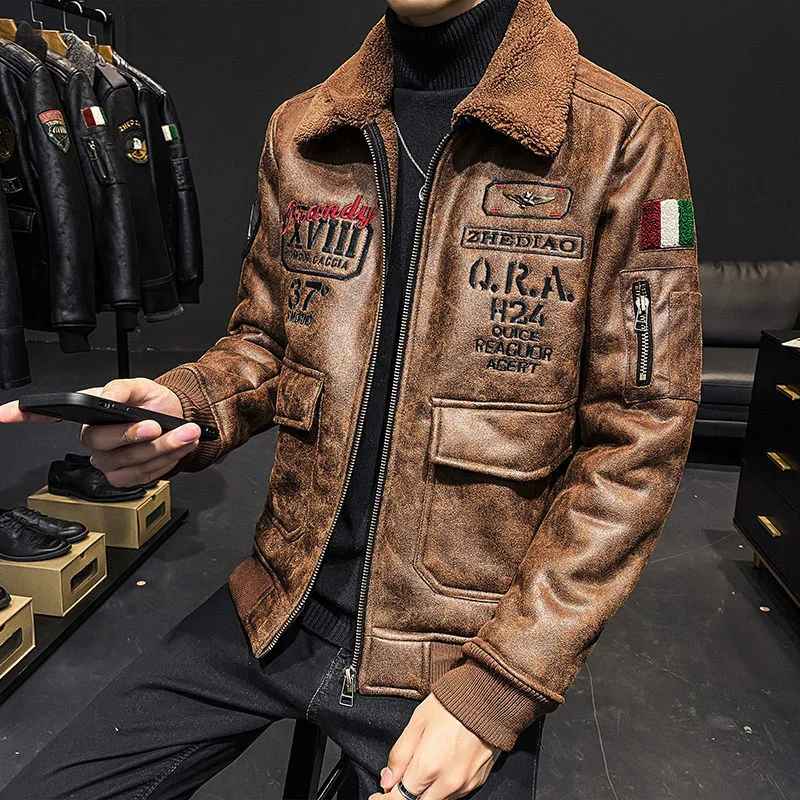 

2021 New Winter Integrated Motorcycle Fashion Warm Men's Fur Flight Suit Plush Thickened Leather Bomber Jacket Parka Militar