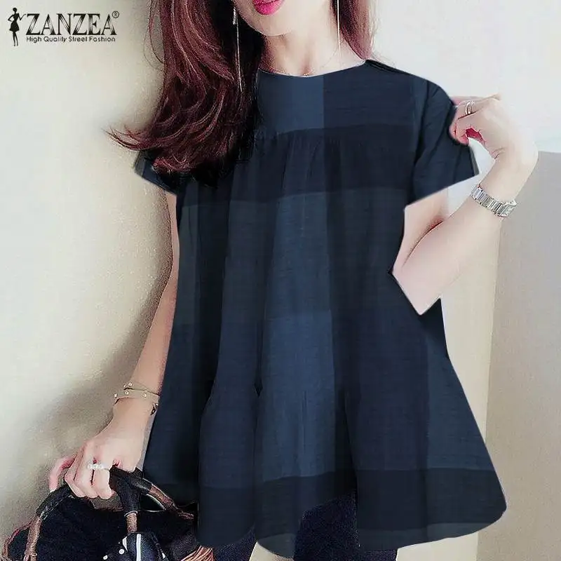 

Женская клетчатая рубашка с принтом, Повседневная Блузка в клетку с коротким рукавом, винтажная рубашка ZANZEA с круглым вырезом, летние женск...