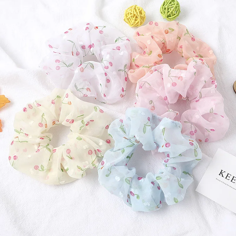 

Q Summer women Hair Bands Small Fresh Styling Print Headwear Chiffon Elastic Hair Bands Cherry/ Flamingo/Flower Large Intestine