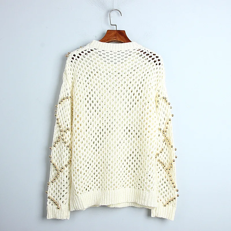

Sexy See Through Pullover Women Oversized Sweater 2020 Fall Beaded Hollow Out Loose Knitted Pullover Sweaters Jumper Streetwear