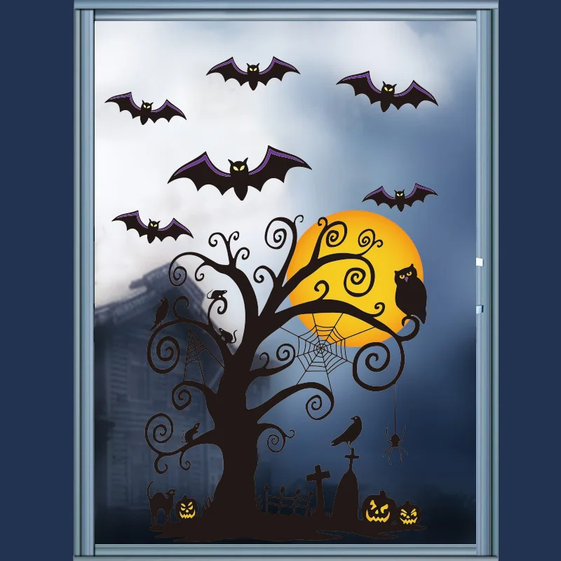 

Halloween Day Wall Stickers Witch Bats Spiders Moon Graveyard Old Tree Owl Pumpkin Lantern Decoration for Halloween Party