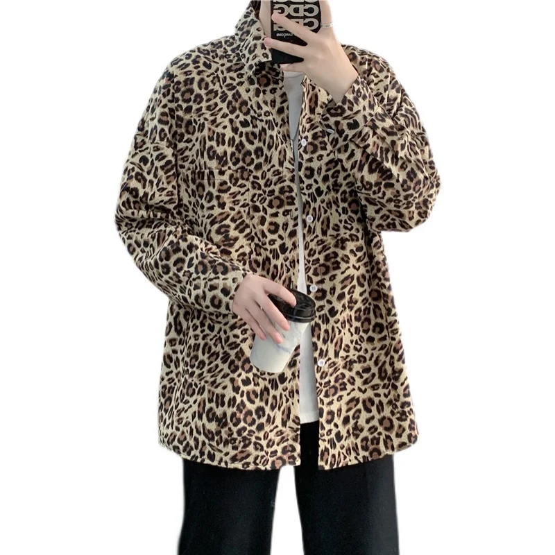 

Spring Leopard Shirt Men Long-Sleeved Japanese Tide Retro Ins Wild Student Ruffian Handsome High Street Trend Teens Clothes