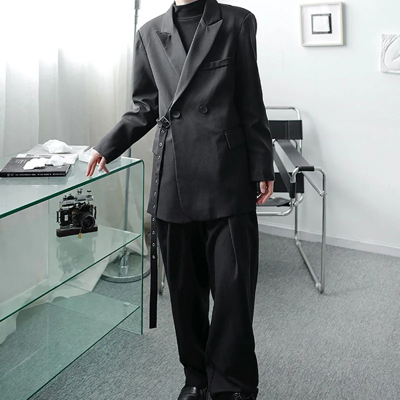 

Male Harajuku Streetwear Vintage Fashion Suit Jacket Outerwear Men's Bandage Loose Casual Suit Blazers Coat