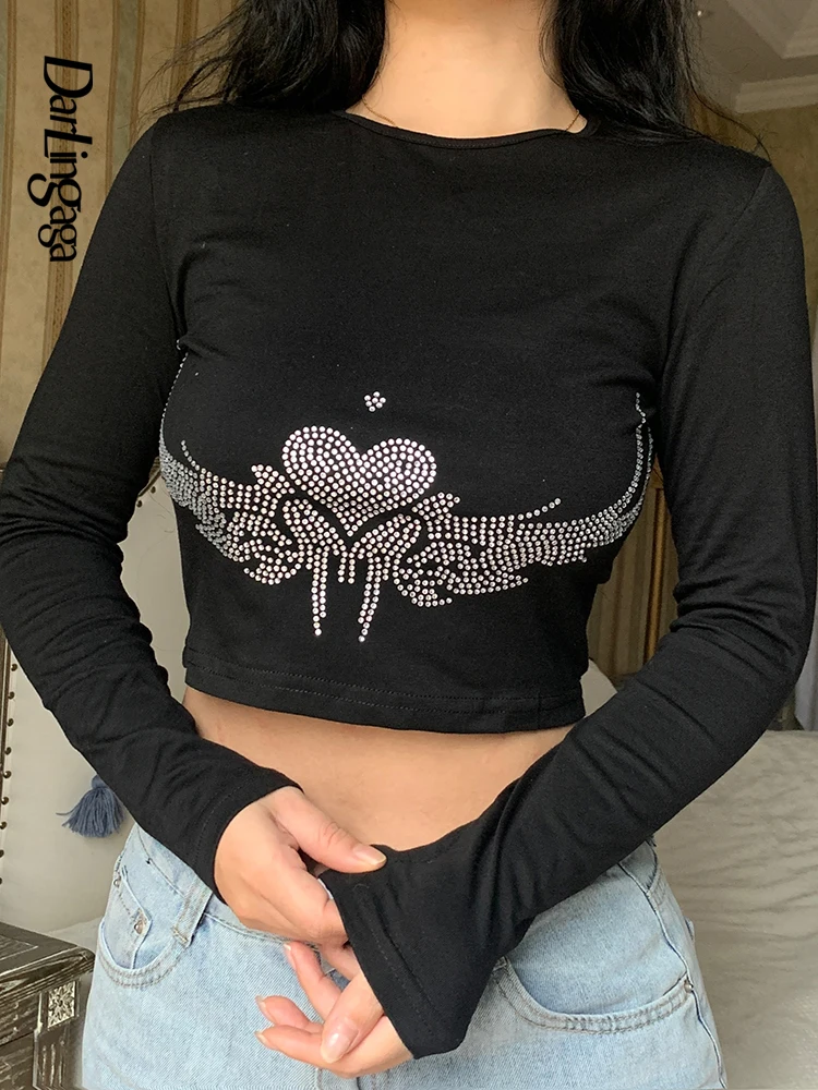 

Darlingaga Streetwear Bling Rhinestones Goth Grunge Women's T-shirts Dark Academia Crop Top Harajuku Slim Party Tee Spring Shirt
