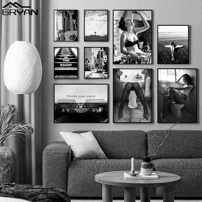 

Black and White Sexy Stocking Woman Prints Posters Pasta Bra Wild Toilet Smoking Girl Canvas Painting Living Room Nordic Picture