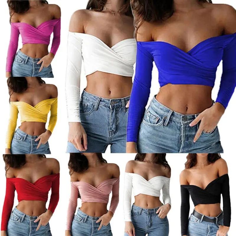 Летняя модная женская блузка с открытыми плечами Укороченная рубашка v образным