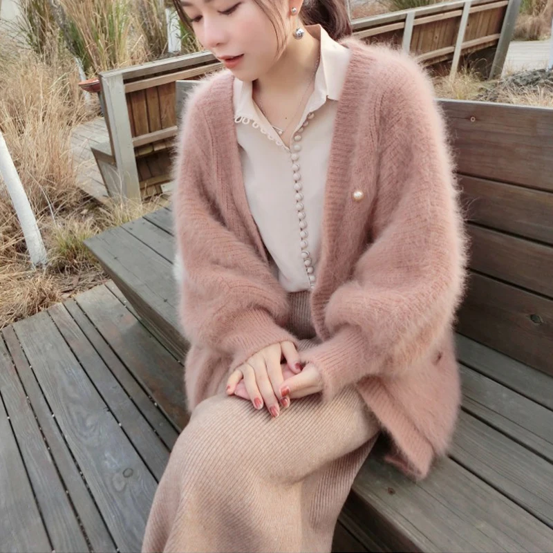 

Elegant Autumn Winter Mink Cashmere Women Sweaters Coat Oversized Loose Batwing Sleeve Mohair Thicked Soft Pink Cardigan