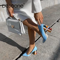 bescone stylish women pumps slip on shallow pattern square heel shoes basic sexy pointed toe handmade dress ladies pumps by113