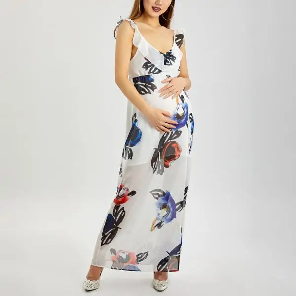 

Fashion influx new European and American lotus leaf mopping print long skirt chiffon split pregnant women dress female