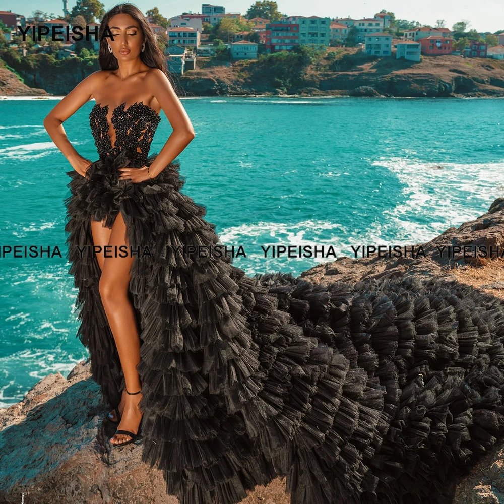

Yipeisha Sexy Black High Low Prom Gowns 2021 Lace Beaded Tiered Skirt Strapless Long Party Dresses Pageant Prom Bridal Dress