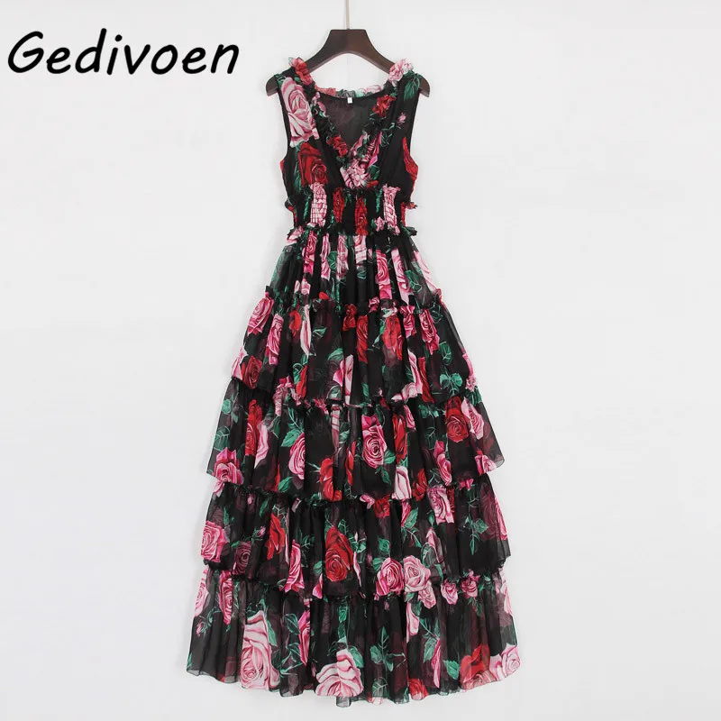 

Gedivoen Fashion Designer Spring Vacation Dress Women V-neck Sleeveless Rose Floral-Print Cascading Ruffle Vintage Party Dress