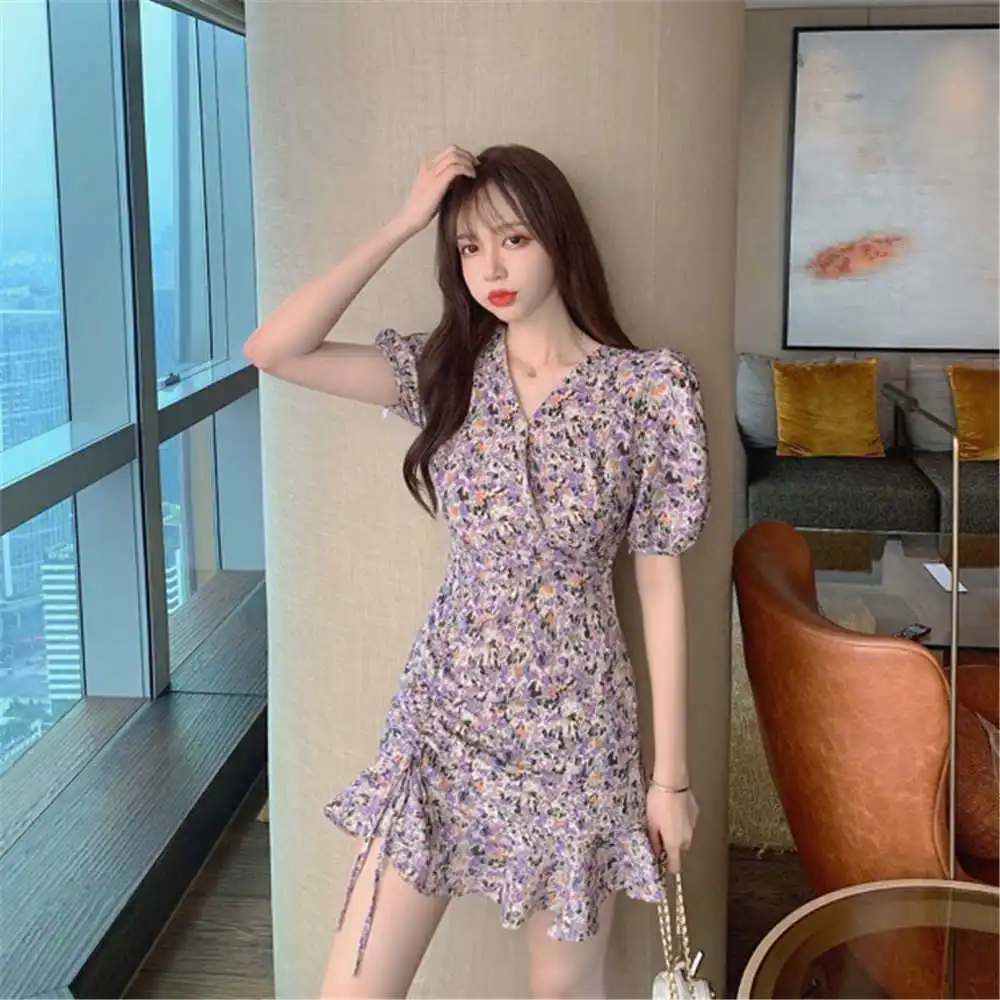 

Drawstring Ruffle Design Puff Sleeve Hip Skirt Women's Summer 2021 New Waist Slimming Floral Dress