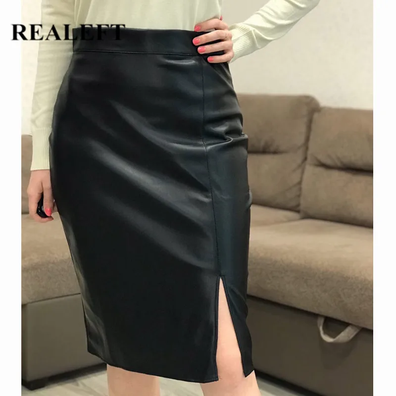 

REALEFT 2021 New Women Stylish PU Leather Wrap Midi Skirts Autumn Winter Front Side Split High Waist Sheath Pencil Sexy Skirts