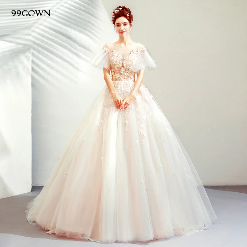 

99GOWN 2019 роскошное свадебное платье со шлейфом, с коротким рукавом и расклешенной вышивкой, а-силуэт, кружевное Тюлевое свадебное платье с отк...