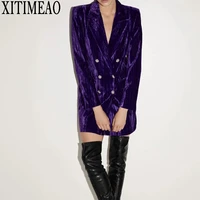 za autumn winter long sleeve suit ladies women new button decoration velvet fabric medium length purple coat